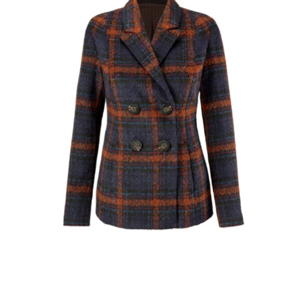 CAbi CHECKMATE Jacket Women's Blue and Orange Plaid Jacket